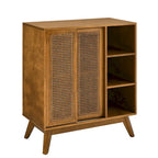 Meuble d'appoint en rotin Mid-Century Modern, Buffet avec étagère réglable et pieds en bois massif - Bois clair