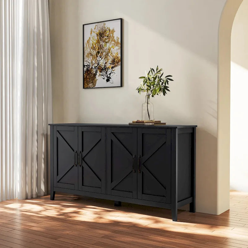 Meuble TV moderne 59" avec portes et étagères – Espresso / Noir / Blanc