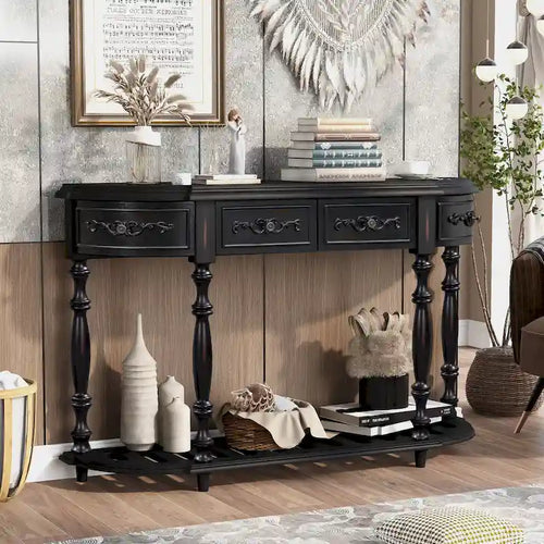 Console incurvée de 52 po avec 4 tiroirs et 1 étagère – Bleu/Noir antique, assemblage par 1 personne