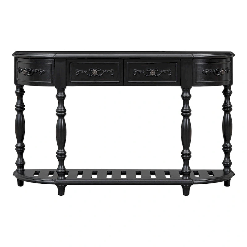 Console incurvée de 52 po avec 4 tiroirs et 1 étagère – Bleu/Noir antique, assemblage par 1 personne