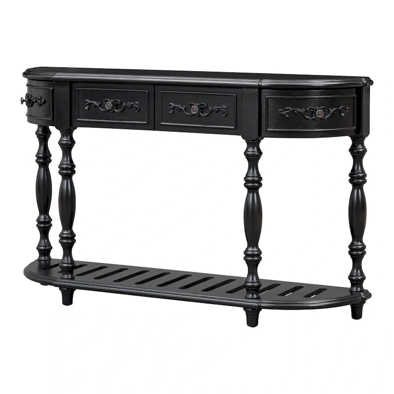 Console incurvée de 52 po avec 4 tiroirs et 1 étagère – Bleu/Noir antique, assemblage par 1 personne