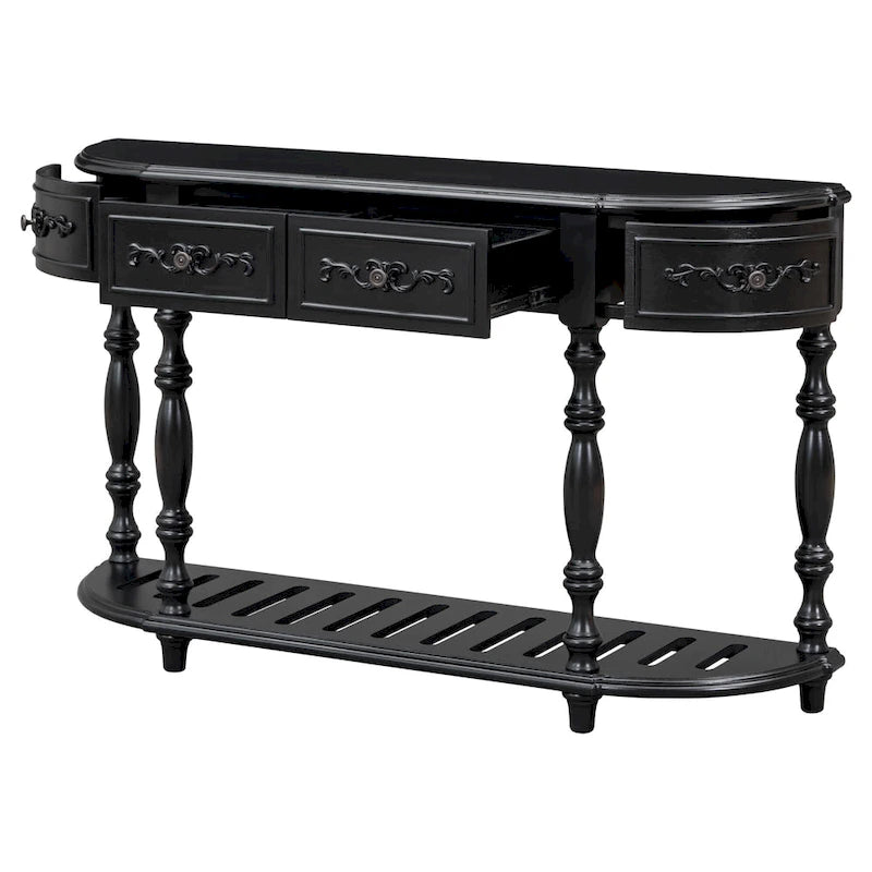 Console incurvée de 52 po avec 4 tiroirs et 1 étagère – Bleu/Noir antique, assemblage par 1 personne