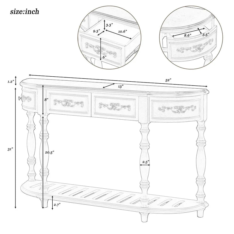 Console incurvée de 52 po avec 4 tiroirs et 1 étagère – Bleu/Noir antique, assemblage par 1 personne