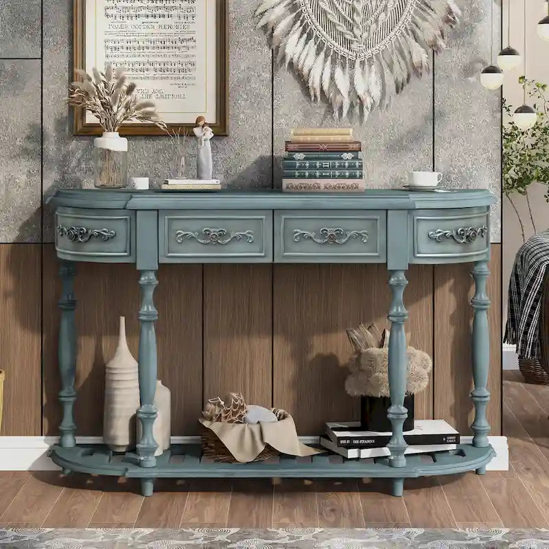 Console incurvée de 52 po avec 4 tiroirs et 1 étagère – Bleu/Noir antique, assemblage par 1 personne
