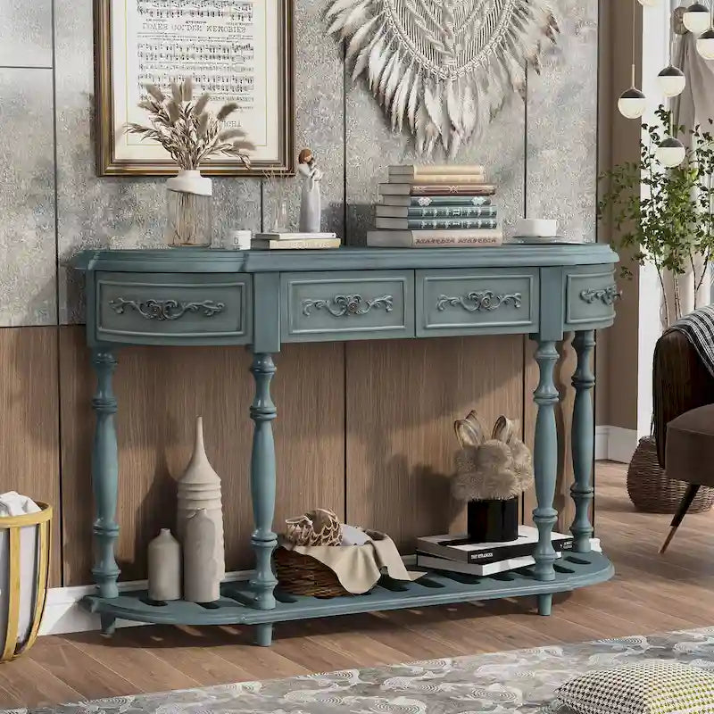 Console incurvée de 52 po avec 4 tiroirs et 1 étagère – Bleu/Noir antique, assemblage par 1 personne