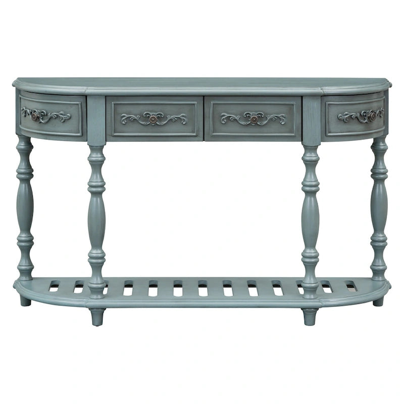Console incurvée de 52 po avec 4 tiroirs et 1 étagère – Bleu/Noir antique, assemblage par 1 personne