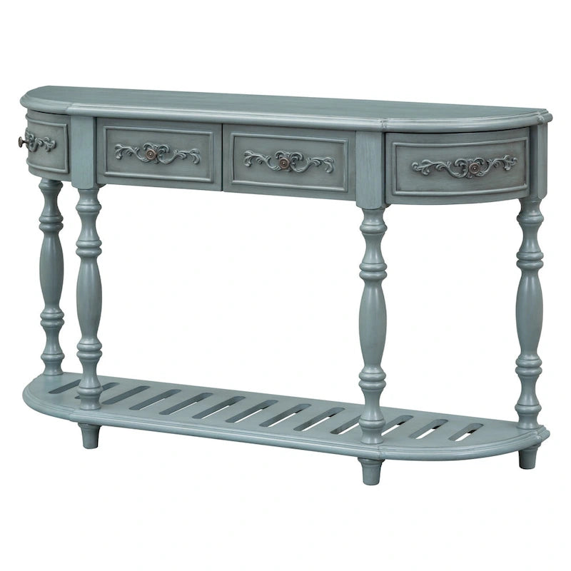 Console incurvée de 52 po avec 4 tiroirs et 1 étagère – Bleu/Noir antique, assemblage par 1 personne