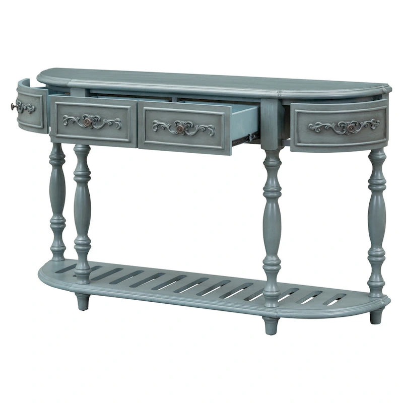 Console incurvée de 52 po avec 4 tiroirs et 1 étagère – Bleu/Noir antique, assemblage par 1 personne