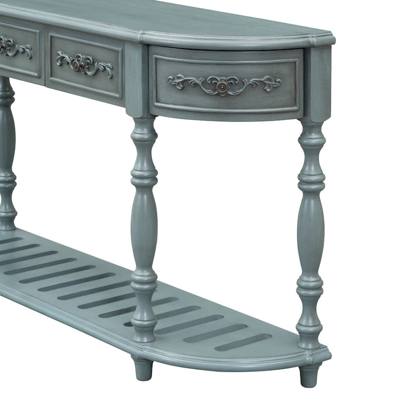 Console incurvée de 52 po avec 4 tiroirs et 1 étagère – Bleu/Noir antique, assemblage par 1 personne