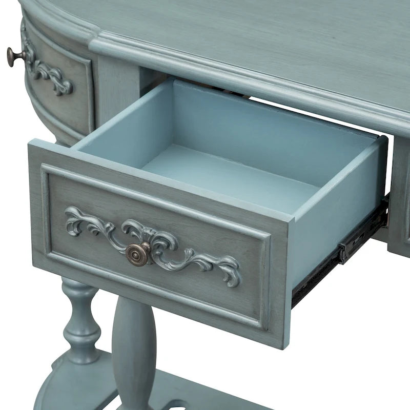 Console incurvée de 52 po avec 4 tiroirs et 1 étagère – Bleu/Noir antique, assemblage par 1 personne