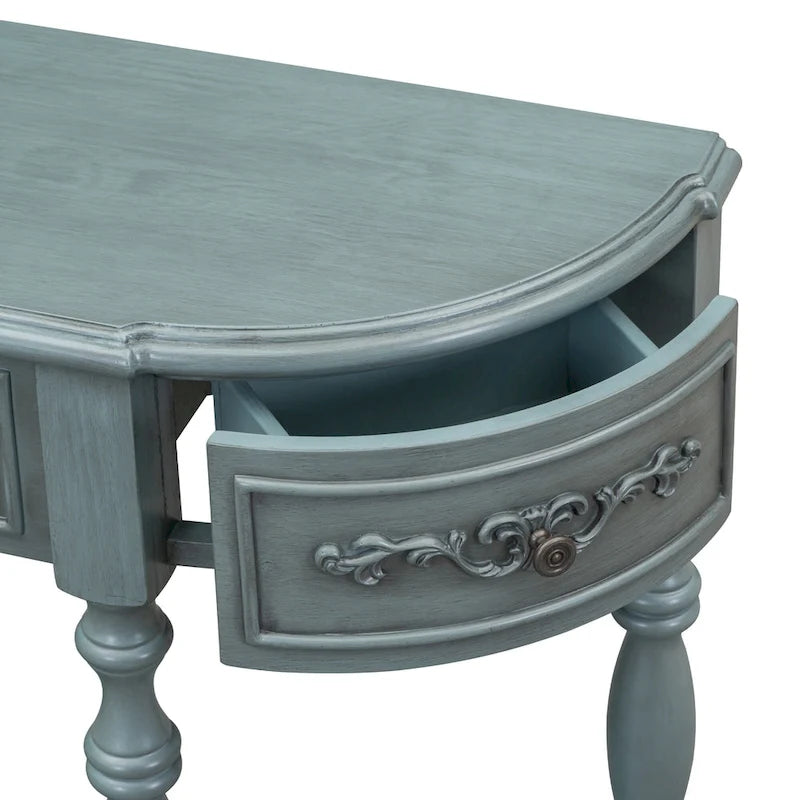 Console incurvée de 52 po avec 4 tiroirs et 1 étagère – Bleu/Noir antique, assemblage par 1 personne