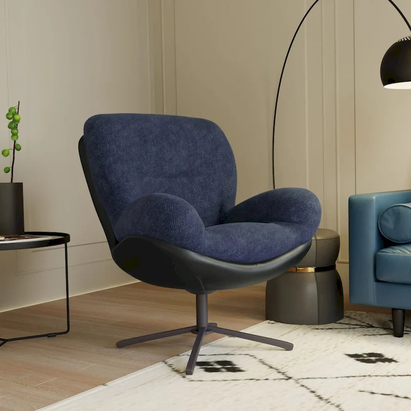 Fauteuil pivotant 360° noir et bleu marine, tissu chenille et similicuir, une place