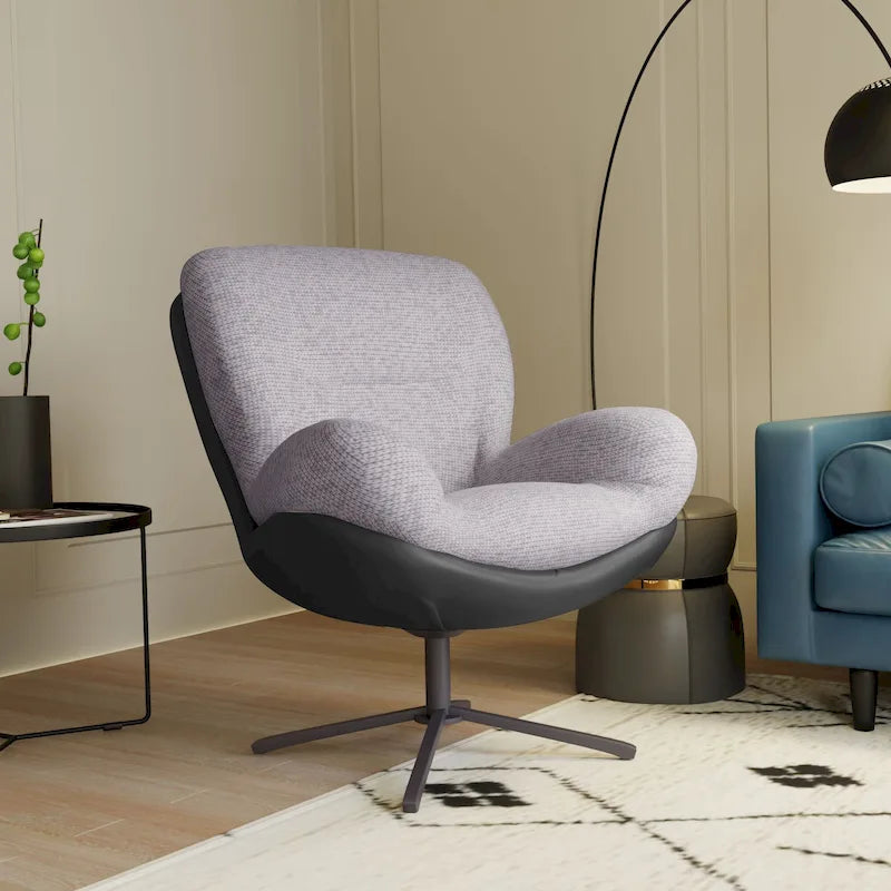 Fauteuil pivotant 360° noir et bleu marine, tissu chenille et similicuir, une place