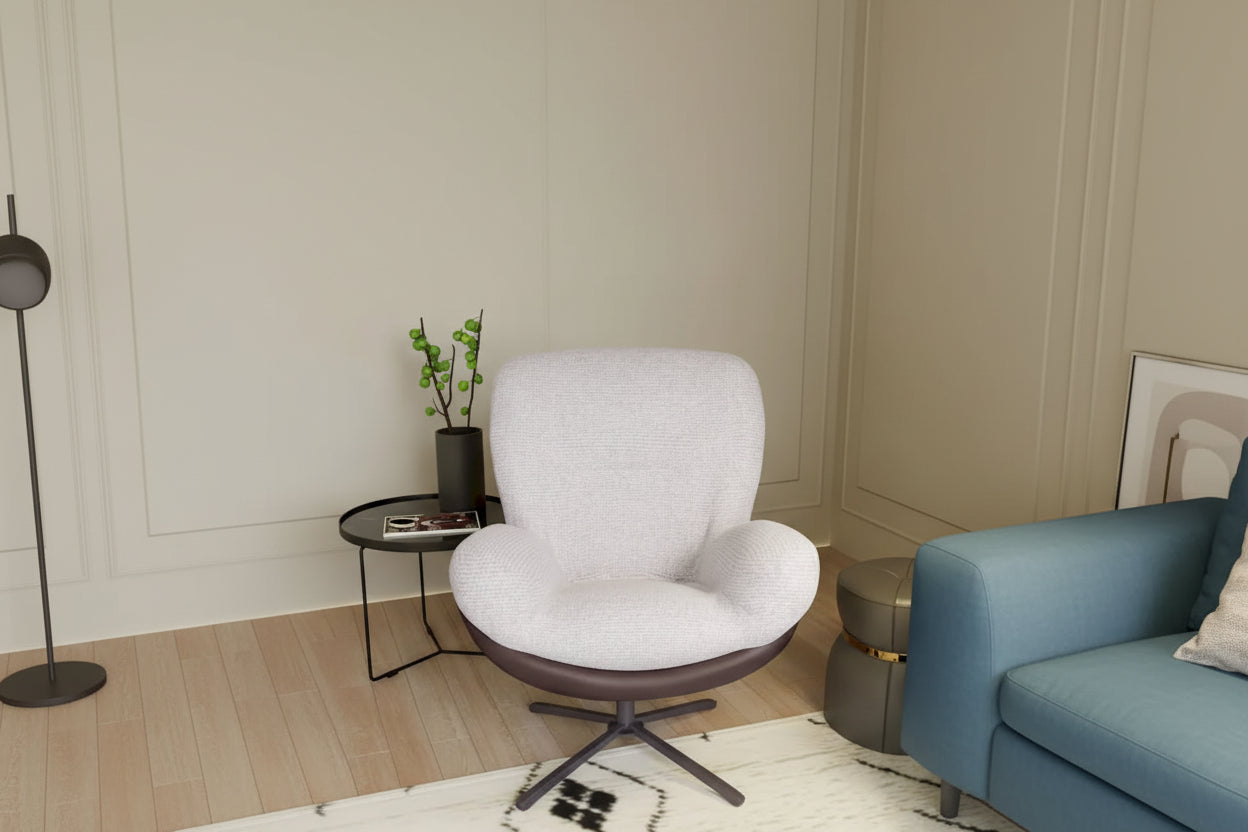 Fauteuil pivotant 360° noir et bleu marine, tissu chenille et similicuir, une place