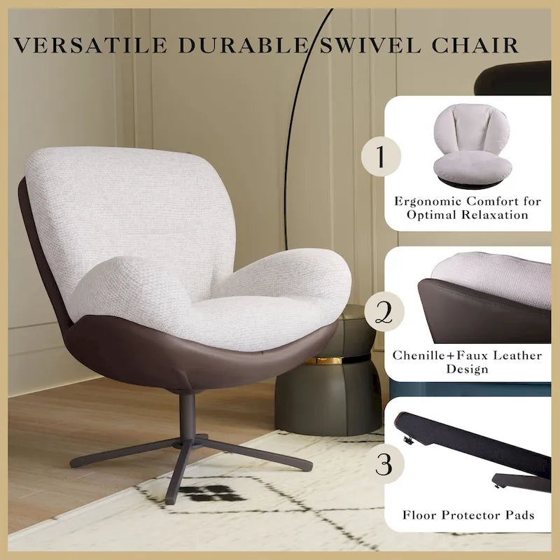 Fauteuil pivotant 360° noir et bleu marine, tissu chenille et similicuir, une place
