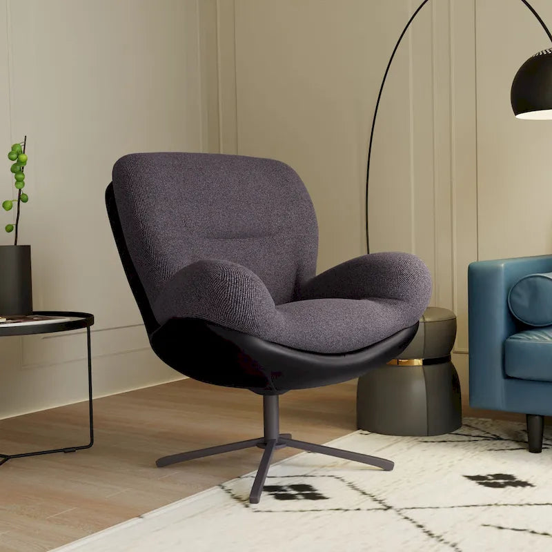 Fauteuil pivotant 360° noir et bleu marine, tissu chenille et similicuir, une place