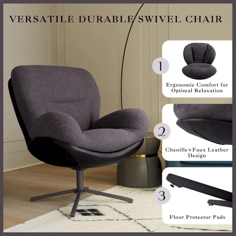 Fauteuil pivotant 360° noir et bleu marine, tissu chenille et similicuir, une place