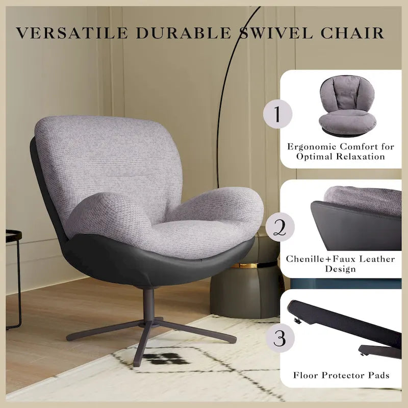 Fauteuil pivotant 360° noir et bleu marine, tissu chenille et similicuir, une place