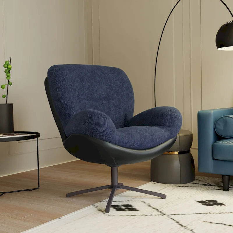 Fauteuil pivotant 360° noir et bleu marine, tissu chenille et similicuir, une place