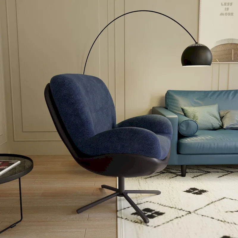 Fauteuil pivotant 360° noir et bleu marine, tissu chenille et similicuir, une place