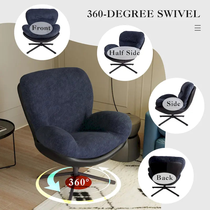 Fauteuil pivotant 360° noir et bleu marine, tissu chenille et similicuir, une place