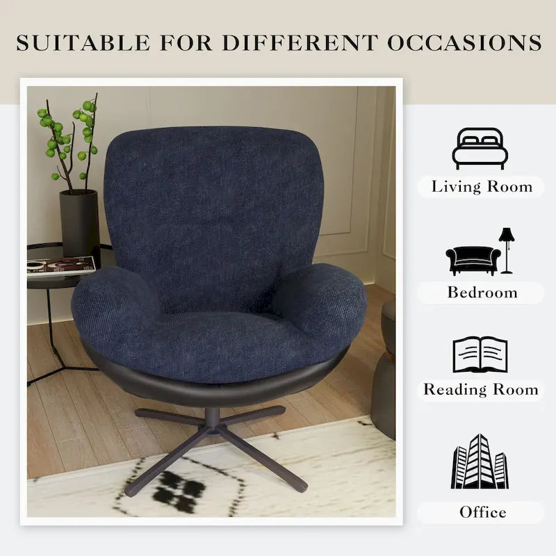 Fauteuil pivotant 360° noir et bleu marine, tissu chenille et similicuir, une place