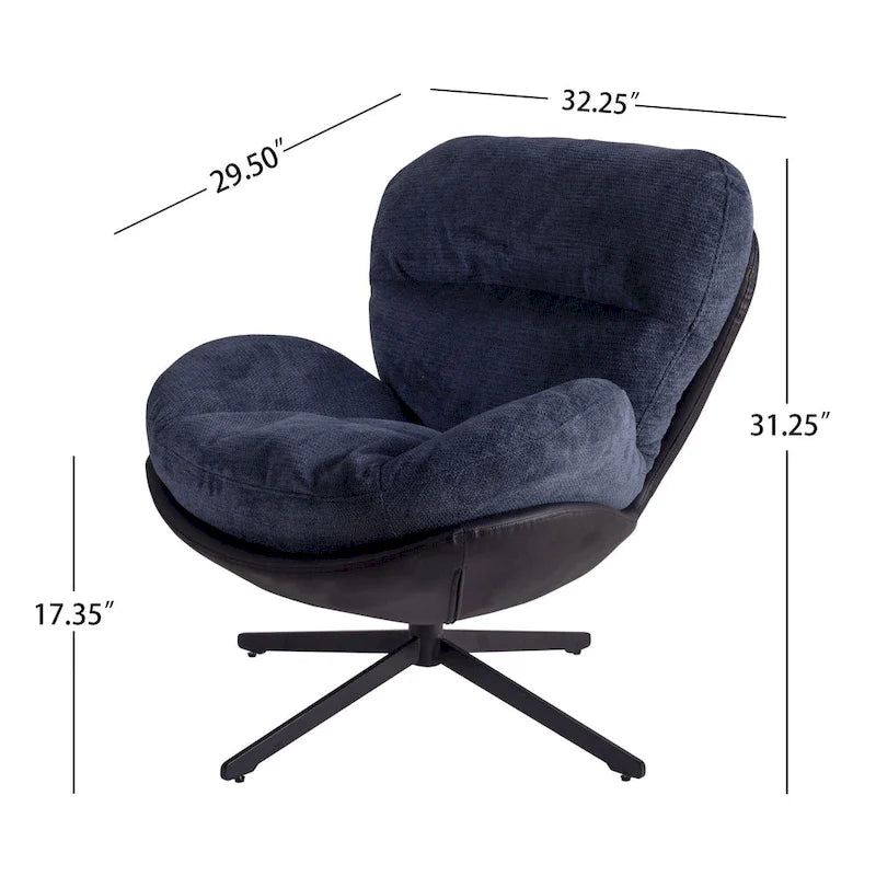 Fauteuil pivotant 360° noir et bleu marine, tissu chenille et similicuir, une place