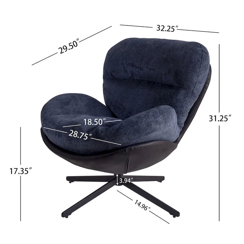 Fauteuil pivotant 360° noir et bleu marine, tissu chenille et similicuir, une place