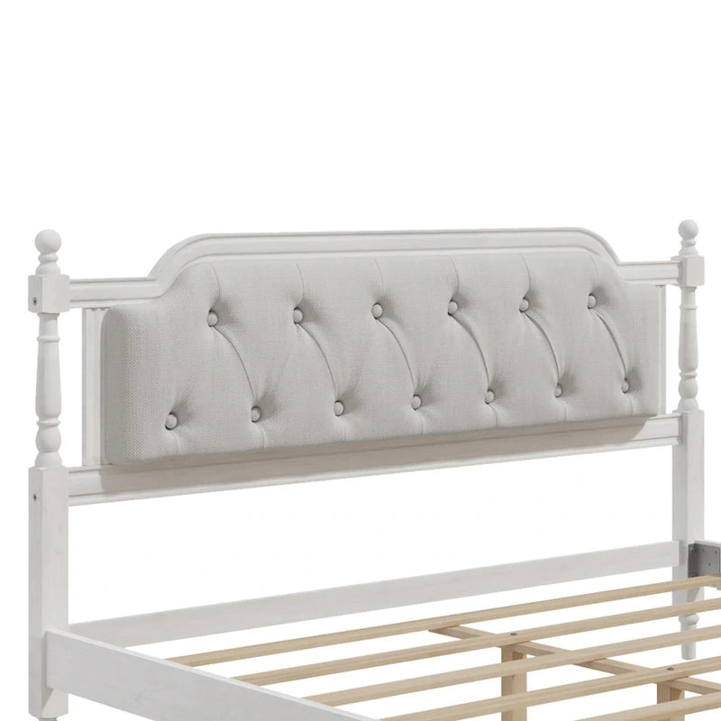 Lit plateforme Queen blanc antique avec tête de lit capitonnée, 2 places