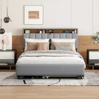 Lit plateforme capitonné gris/beige avec tête de lit de rangement, lit gigogne Twin XL et 2 tiroirs, pour 1 à 2 personnes