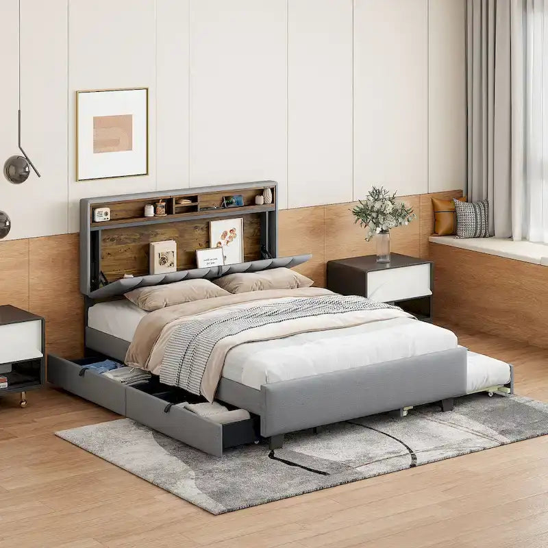 Lit plateforme capitonné gris/beige avec tête de lit de rangement, lit gigogne Twin XL et 2 tiroirs, pour 1 à 2 personnes