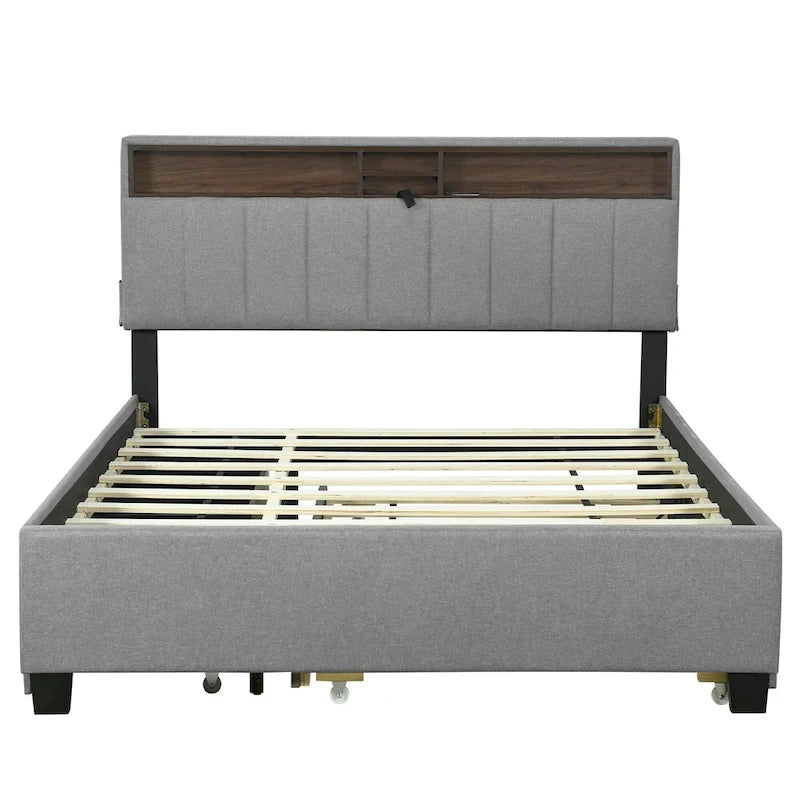 Lit plateforme capitonné gris/beige avec tête de lit de rangement, lit gigogne Twin XL et 2 tiroirs, pour 1 à 2 personnes