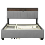 Lit plateforme capitonné gris/beige avec tête de lit de rangement, lit gigogne Twin XL et 2 tiroirs, pour 1 à 2 personnes
