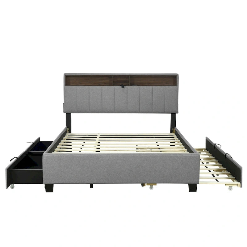 Lit plateforme capitonné gris/beige avec tête de lit de rangement, lit gigogne Twin XL et 2 tiroirs, pour 1 à 2 personnes