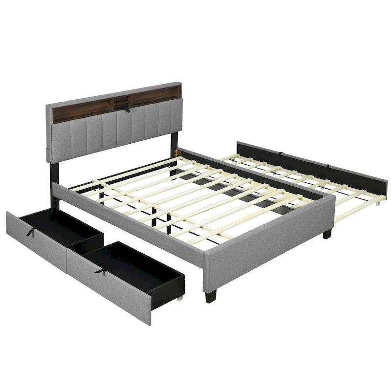 Lit plateforme capitonné gris/beige avec tête de lit de rangement, lit gigogne Twin XL et 2 tiroirs, pour 1 à 2 personnes