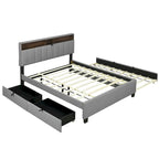 Lit plateforme capitonné gris/beige avec tête de lit de rangement, lit gigogne Twin XL et 2 tiroirs, pour 1 à 2 personnes