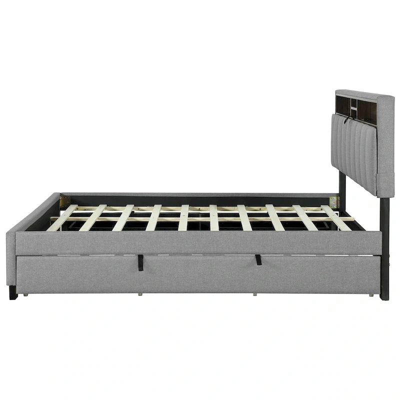 Lit plateforme capitonné gris/beige avec tête de lit de rangement, lit gigogne Twin XL et 2 tiroirs, pour 1 à 2 personnes