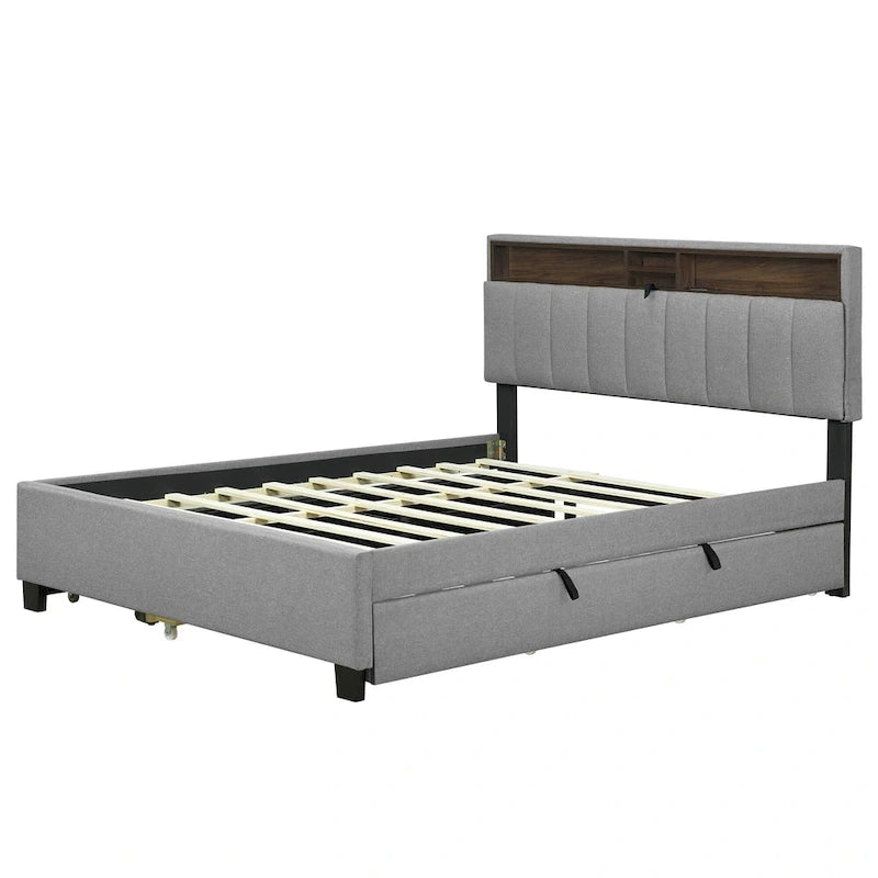 Lit plateforme capitonné gris/beige avec tête de lit de rangement, lit gigogne Twin XL et 2 tiroirs, pour 1 à 2 personnes