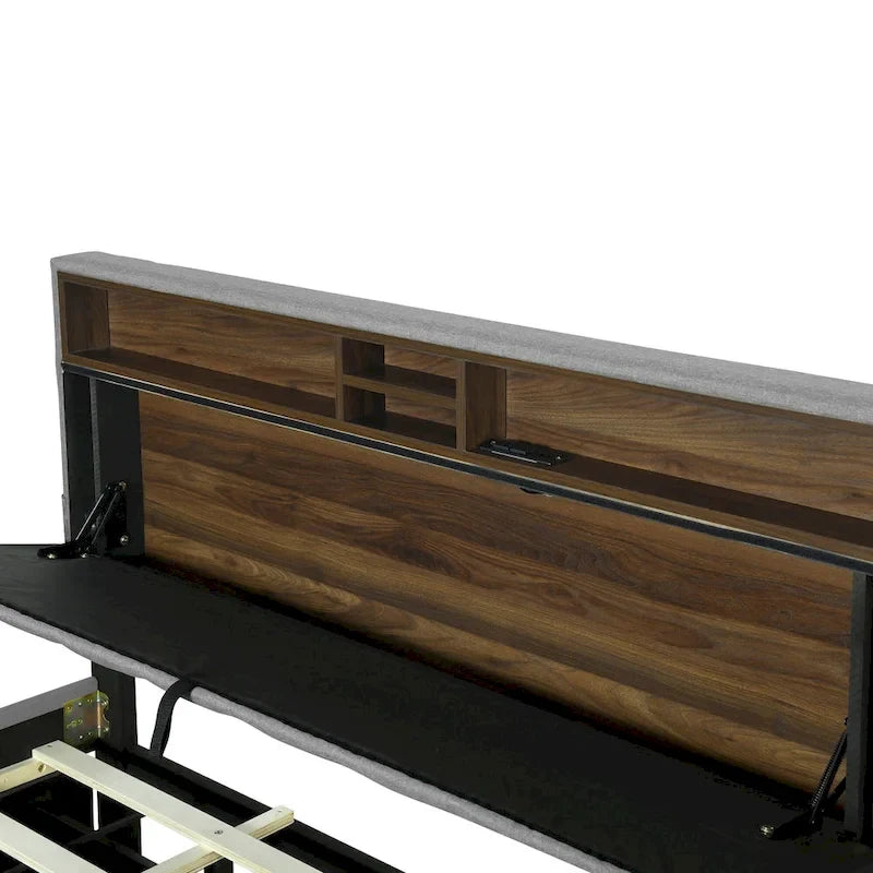 Lit plateforme capitonné gris/beige avec tête de lit de rangement, lit gigogne Twin XL et 2 tiroirs, pour 1 à 2 personnes