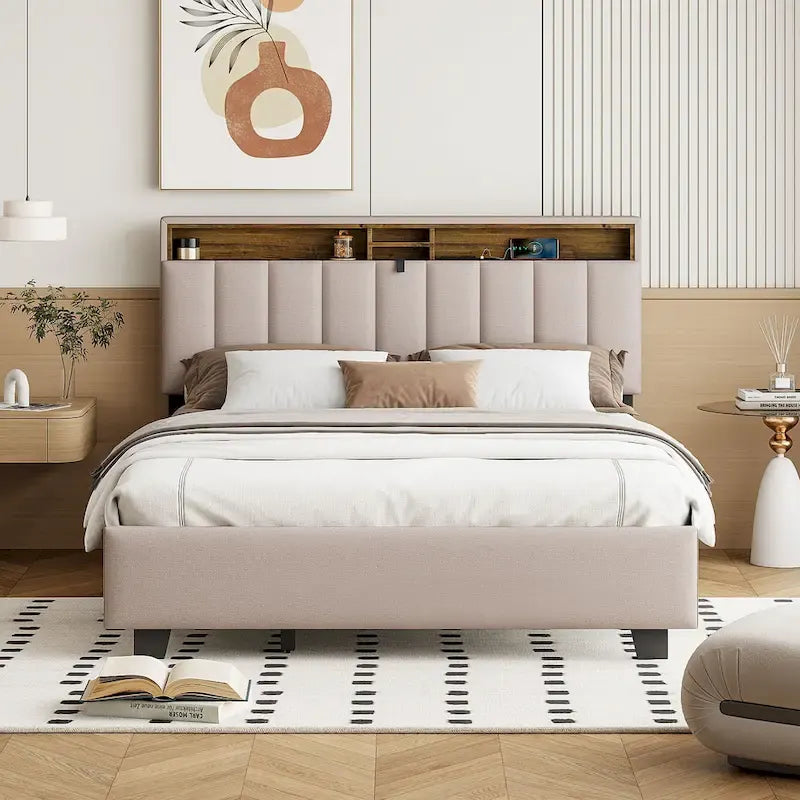 Lit plateforme capitonné gris/beige avec tête de lit de rangement, lit gigogne Twin XL et 2 tiroirs, pour 1 à 2 personnes