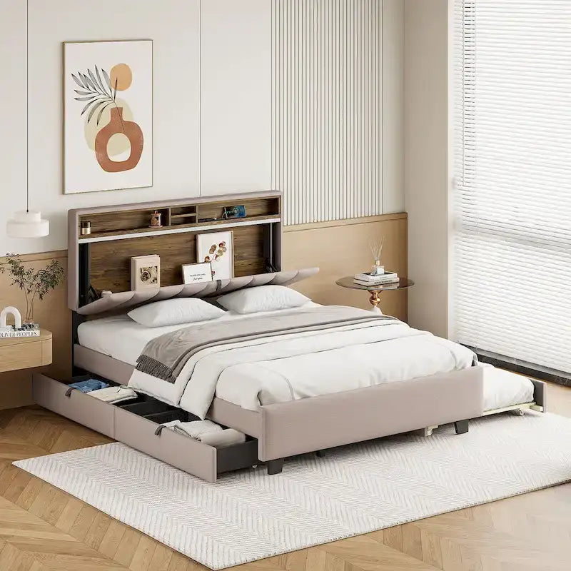 Lit plateforme capitonné gris/beige avec tête de lit de rangement, lit gigogne Twin XL et 2 tiroirs, pour 1 à 2 personnes