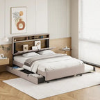 Lit plateforme capitonné gris/beige avec tête de lit de rangement, lit gigogne Twin XL et 2 tiroirs, pour 1 à 2 personnes
