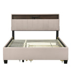 Lit plateforme capitonné gris/beige avec tête de lit de rangement, lit gigogne Twin XL et 2 tiroirs, pour 1 à 2 personnes