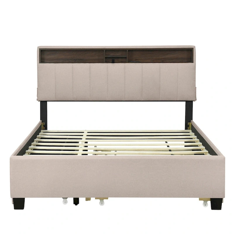 Lit plateforme capitonné gris/beige avec tête de lit de rangement, lit gigogne Twin XL et 2 tiroirs, pour 1 à 2 personnes
