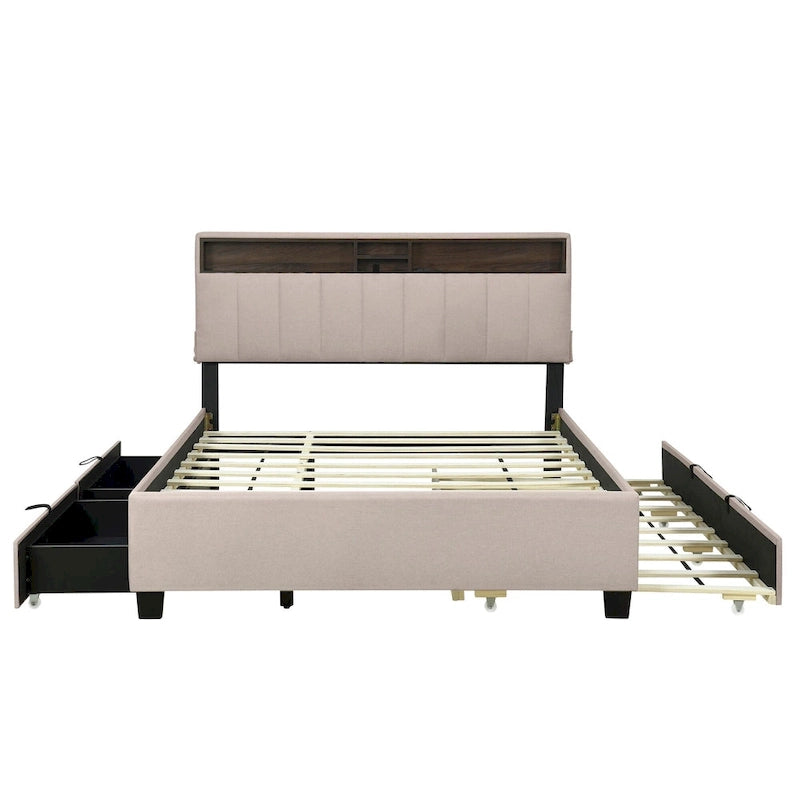 Lit plateforme capitonné gris/beige avec tête de lit de rangement, lit gigogne Twin XL et 2 tiroirs, pour 1 à 2 personnes