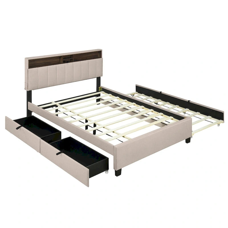 Lit plateforme capitonné gris/beige avec tête de lit de rangement, lit gigogne Twin XL et 2 tiroirs, pour 1 à 2 personnes