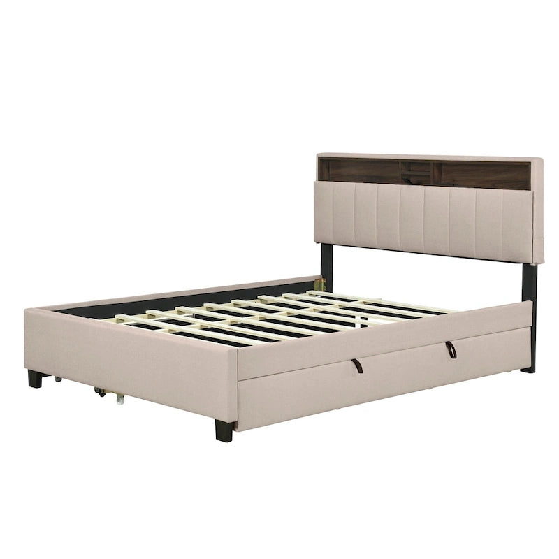 Lit plateforme capitonné gris/beige avec tête de lit de rangement, lit gigogne Twin XL et 2 tiroirs, pour 1 à 2 personnes
