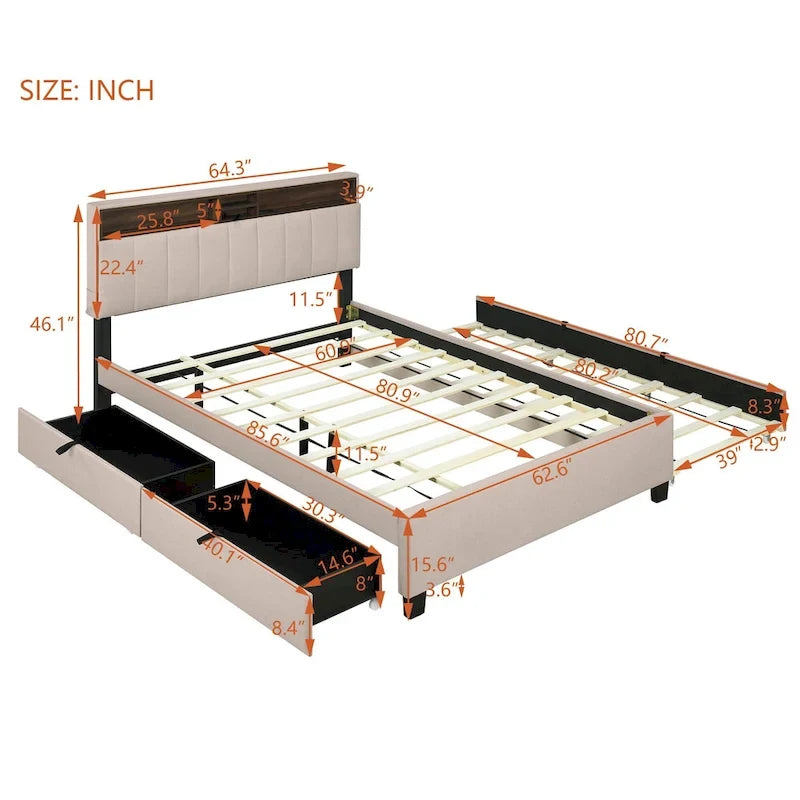 Lit plateforme capitonné gris/beige avec tête de lit de rangement, lit gigogne Twin XL et 2 tiroirs, pour 1 à 2 personnes