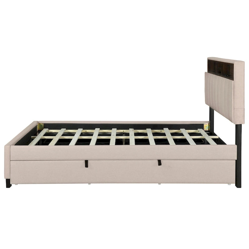 Lit plateforme capitonné gris/beige avec tête de lit de rangement, lit gigogne Twin XL et 2 tiroirs, pour 1 à 2 personnes
