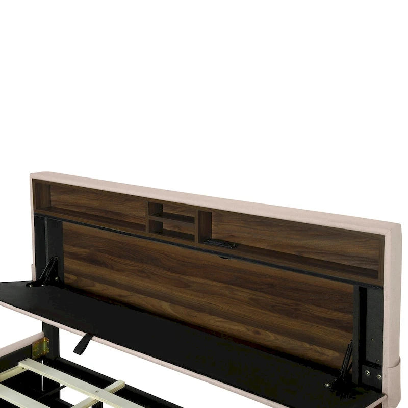 Lit plateforme capitonné gris/beige avec tête de lit de rangement, lit gigogne Twin XL et 2 tiroirs, pour 1 à 2 personnes